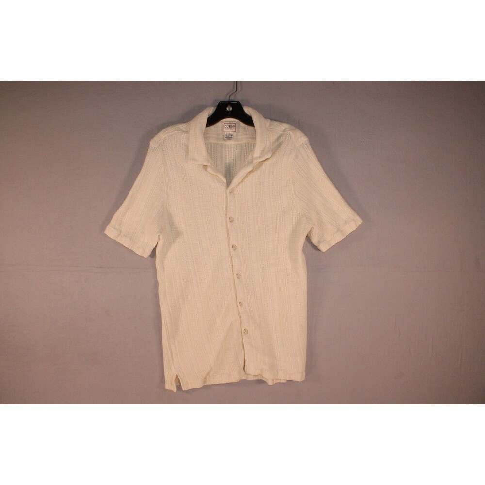 GUESS Men's Medium Cream Textured Knit Short Sleeve Button Up Shirt Regular Fit